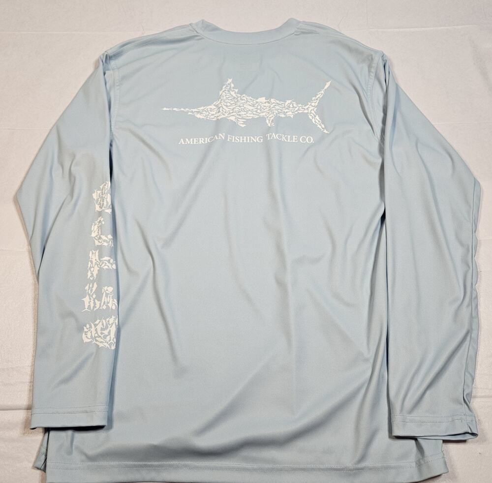 AFTCO Mens M Long Sleeve Fishing Shirt Light Blue Marlin Graphic Performance